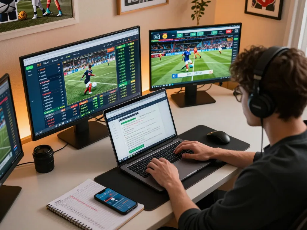 Participant analyzing odds and strategies on the LC 88 sports betting platform, surrounded by a modern workspace