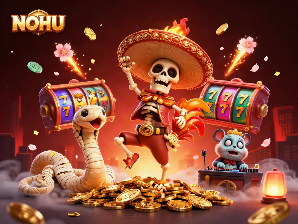 NOHU offers a vibrant scene with a mariachi rooster celebrating on golden coins while engaging with dynamic slot elements.