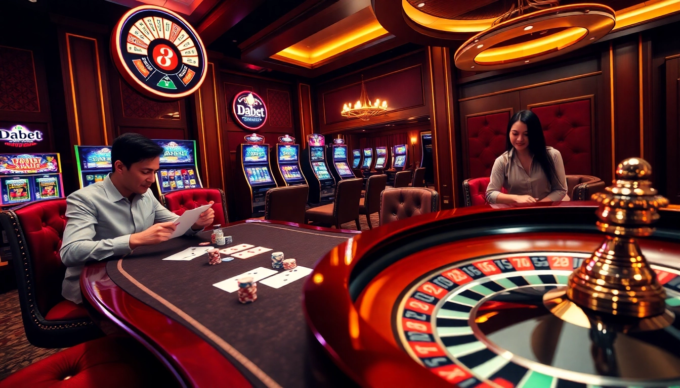 Dabet casino scene featuring players at a poker table and exciting slot machines.
