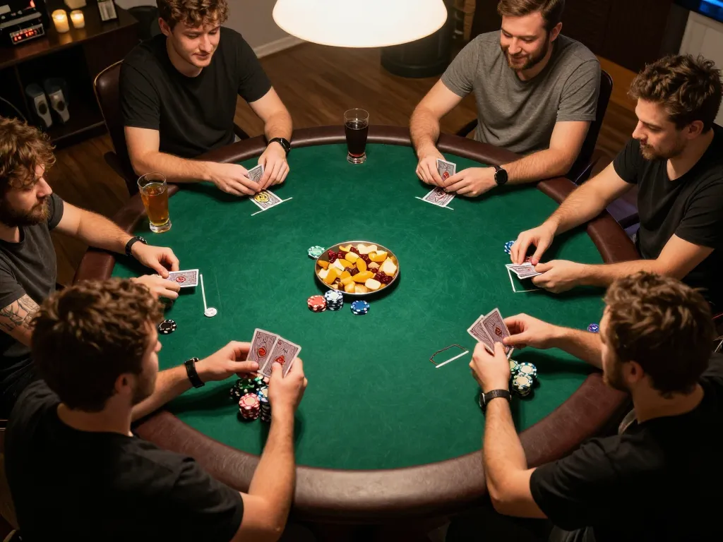 Player engaged in a lively poker game during a home night at lu88.jpn.com with friends, vibrant atmosphere.