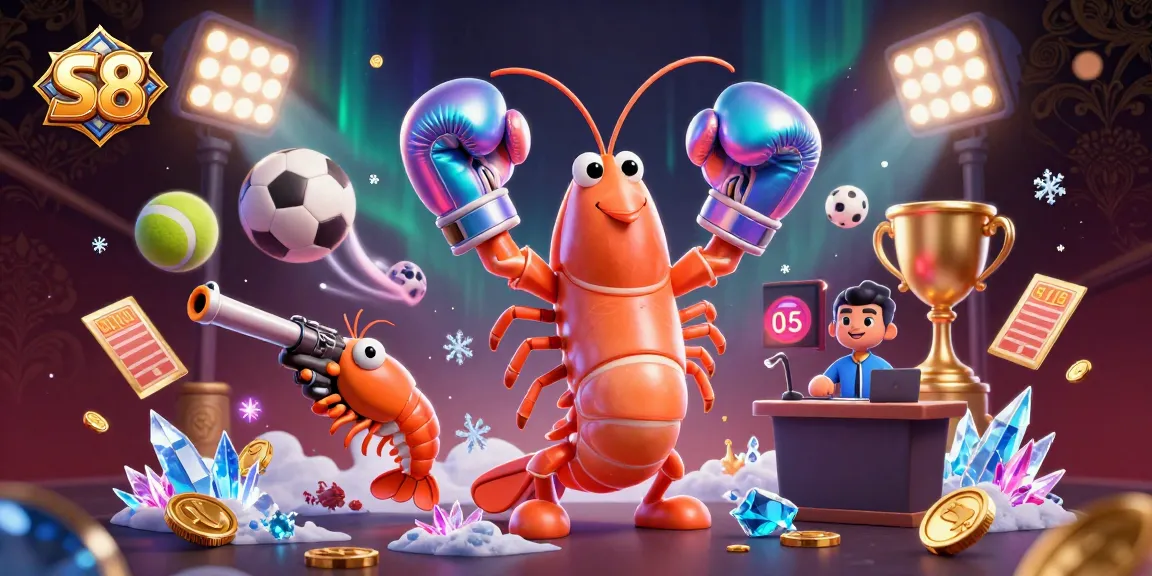 Engage with S8's dynamic gaming scene featuring vibrant shrimps, sports balls, and exciting casino elements.