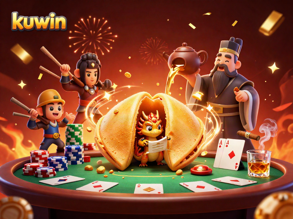 Kuwin showcases thrilling gameplay with a golden fortune cookie, poker elements, and dragon in a vibrant casino scene.