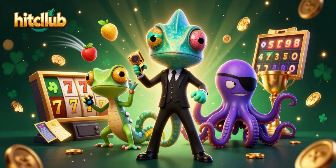 Experience thrilling gaming excitement at Hitcllub with vibrant slot reels and dynamic casino characters.