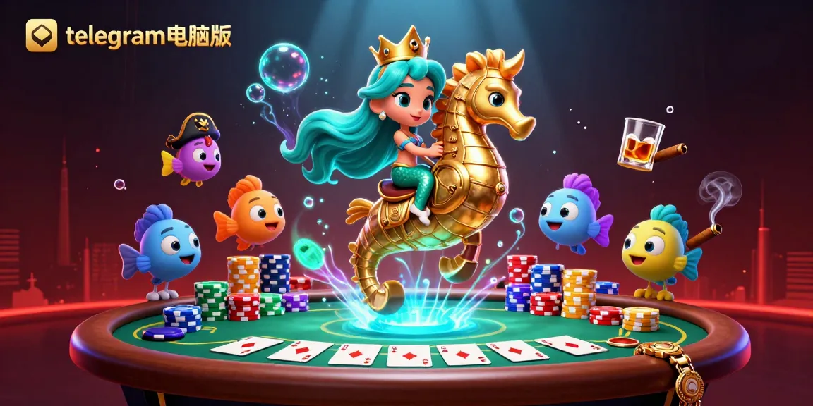 与热情洋溢的telegram电脑版世界互动,一位美人鱼公主演算她的扑克策略,周围环绕着色彩斑斓的海洋伙伴。