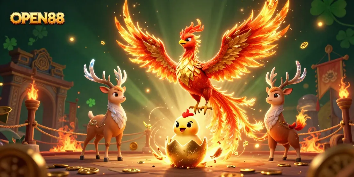 Experience thrilling gaming with OPEN88, featuring a majestic phoenix in a rich, vibrant casino backdrop.