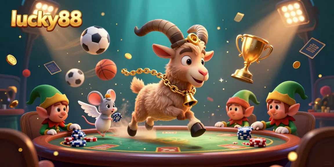 Experience thrilling gameplay at lucky88 with a festive casino scene featuring a Krampus goat, gremlins, and dynamic sports elements.