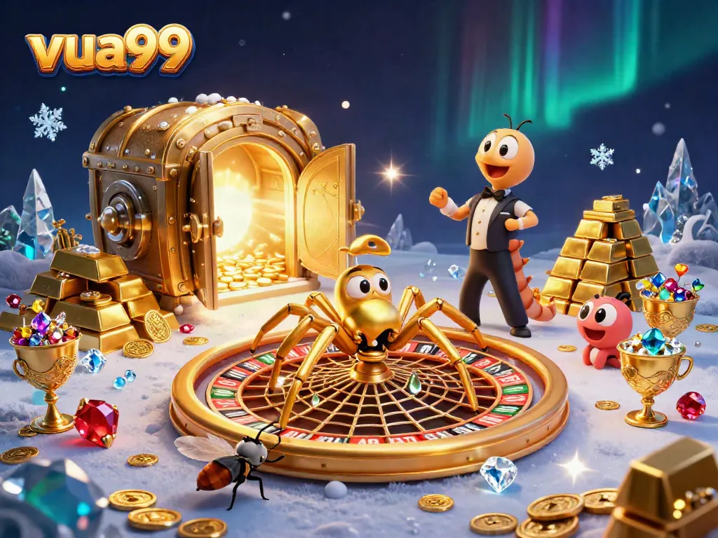 Experience the excitement at vua99 with a cartoonish golden spider spinning a roulette wheel web.