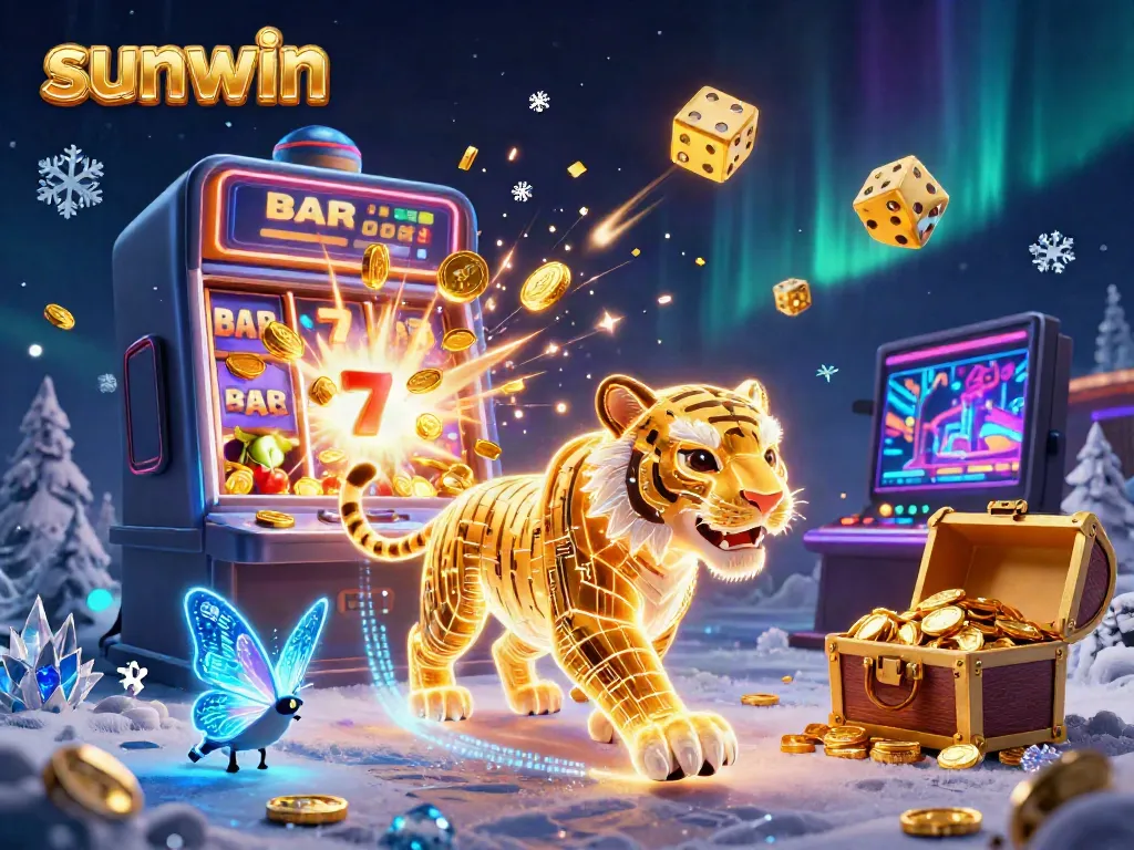 Experience sunwin's thrilling digital casino with a neon golden tiger and vibrant jackpot action.