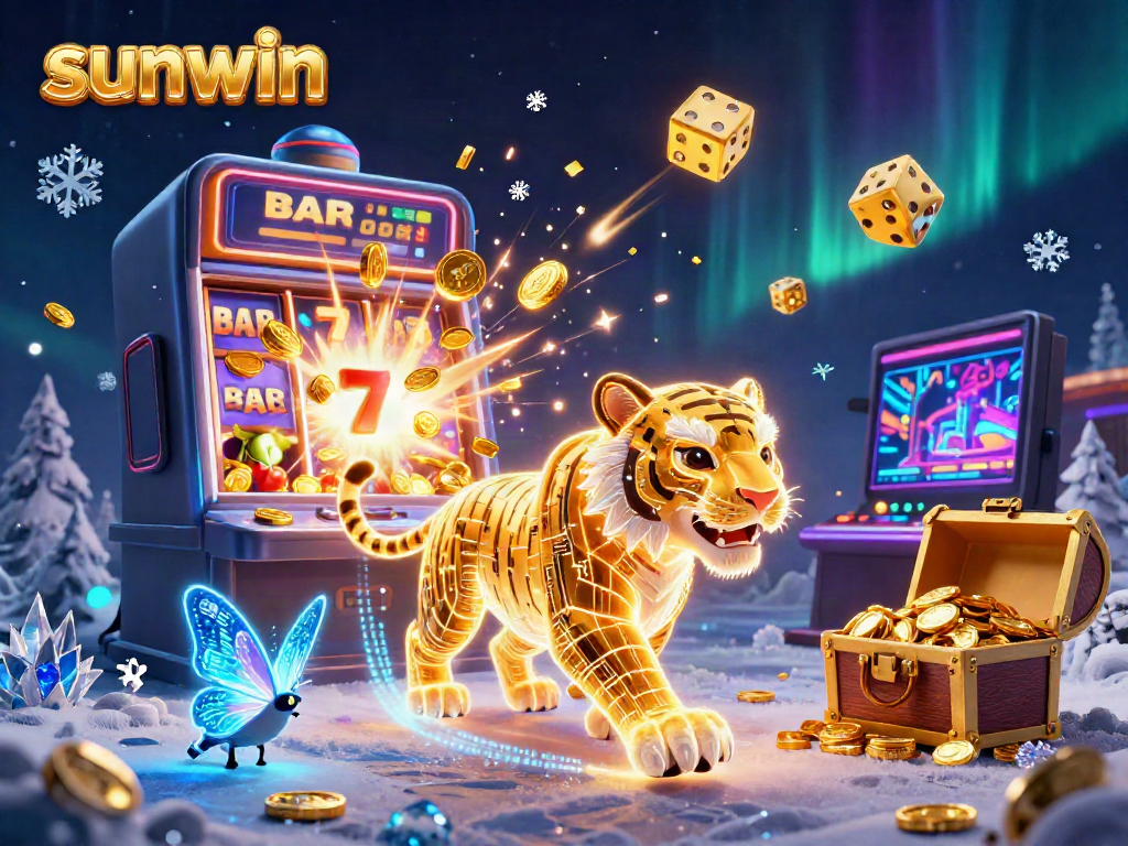 Experience sunwin's thrilling digital casino with a neon golden tiger and vibrant jackpot action.