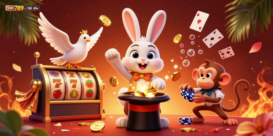 Experience the excitement of sao789 - tài xỉu with a vibrant casino scene featuring a magician rabbit and playful monkey.
