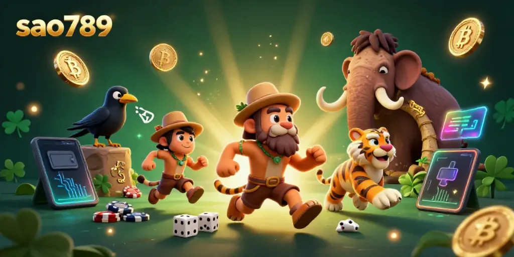 Experience the thrill of gaming with sao789, featuring a caveman and tiger duo at a prehistoric casino.