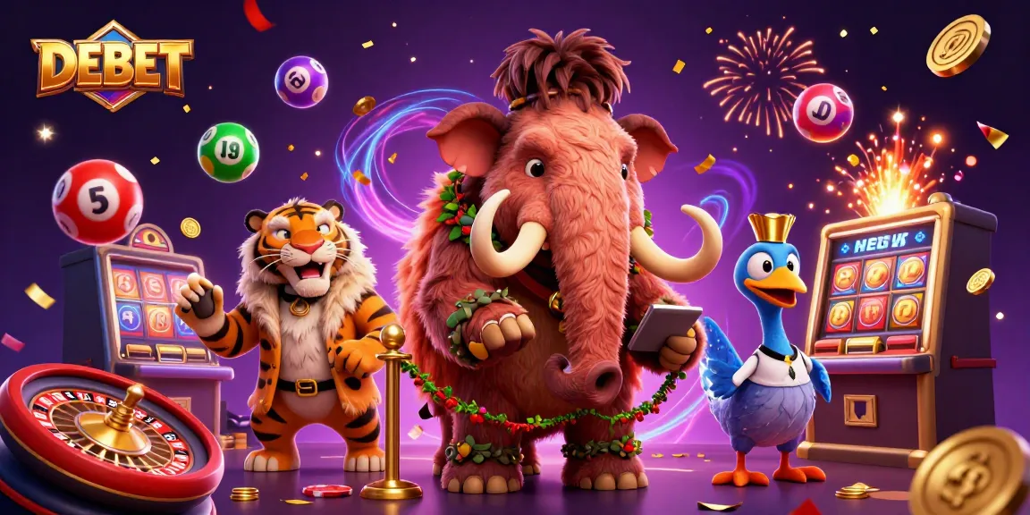 Experience the excitement of DEBET through a vibrant casino illustration with animated characters and gaming elements.