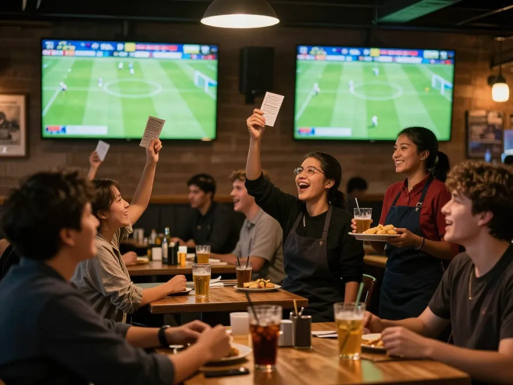 Patrons celebrate a goal while betting on trực tiếp bóng đá in a lively sports bar atmosphere.