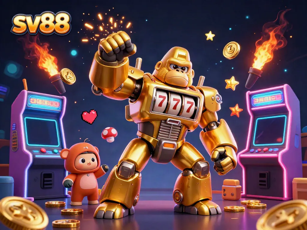 Experience the exciting gameplay at sv88 with a thrilling golden gorilla mech surrounded by vibrant casino elements.