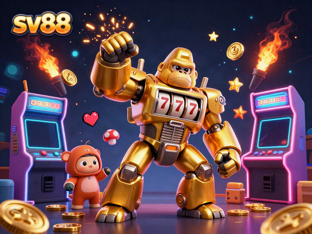 Experience the exciting gameplay at sv88 with a thrilling golden gorilla mech surrounded by vibrant casino elements.