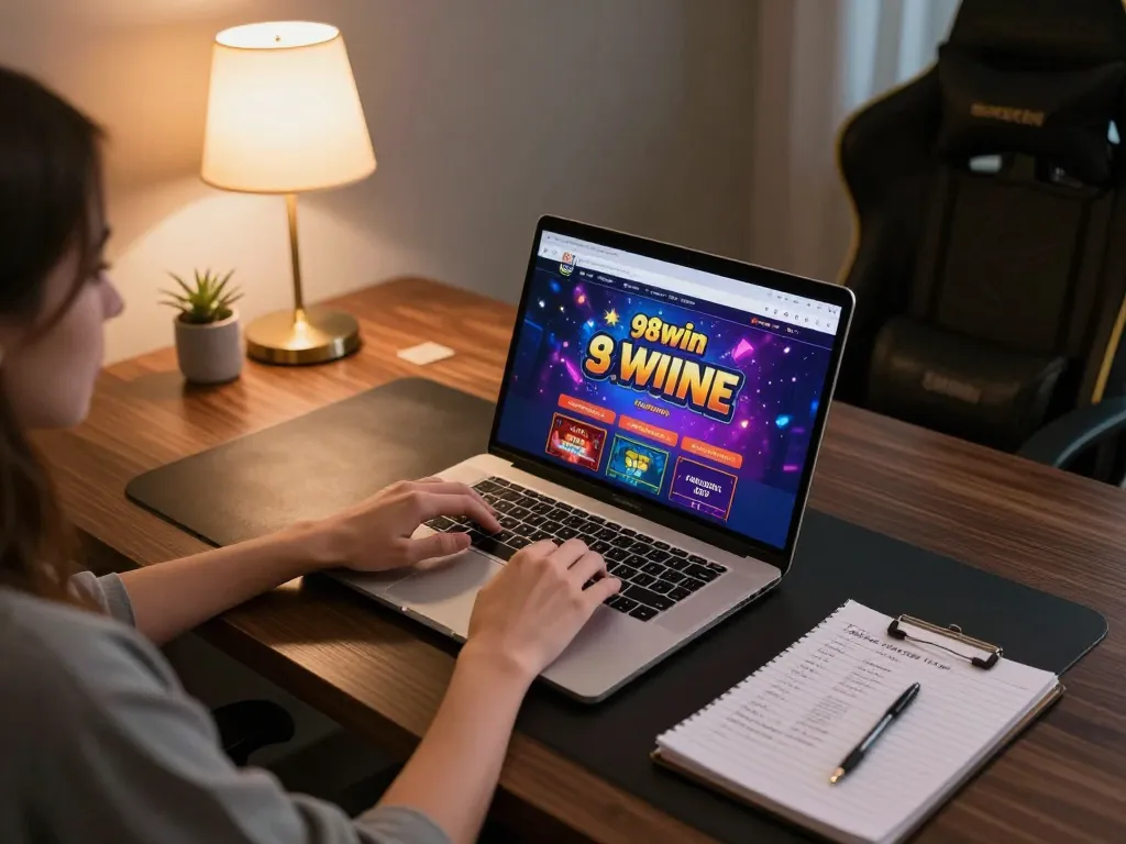 Engaging with the 98win club on a laptop, showcasing online casino gaming strategy notes and vibrant graphics.