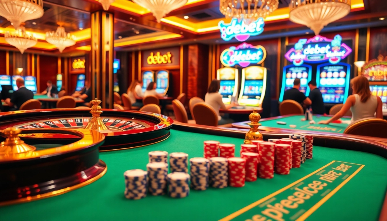 Betting scene featuring debet branding with poker chips and a roulette wheel.