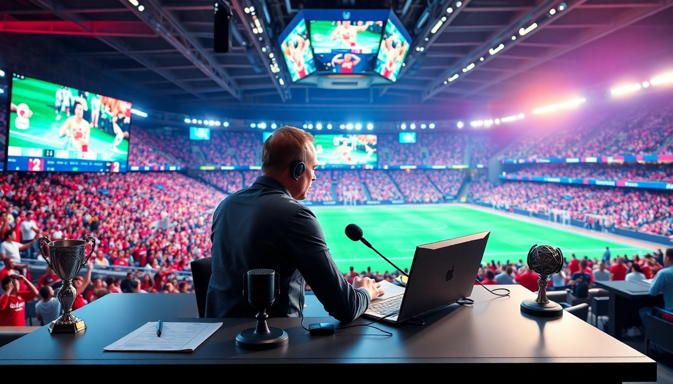 Engaging sports broadcasting setup with commentator and vibrant arena backdrop.