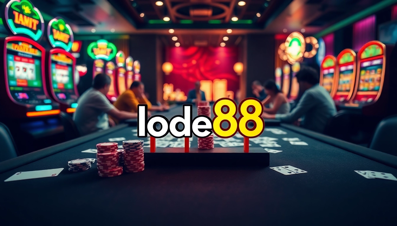 Experience the excitement of lode88 in a luxurious casino setting with players at the table.