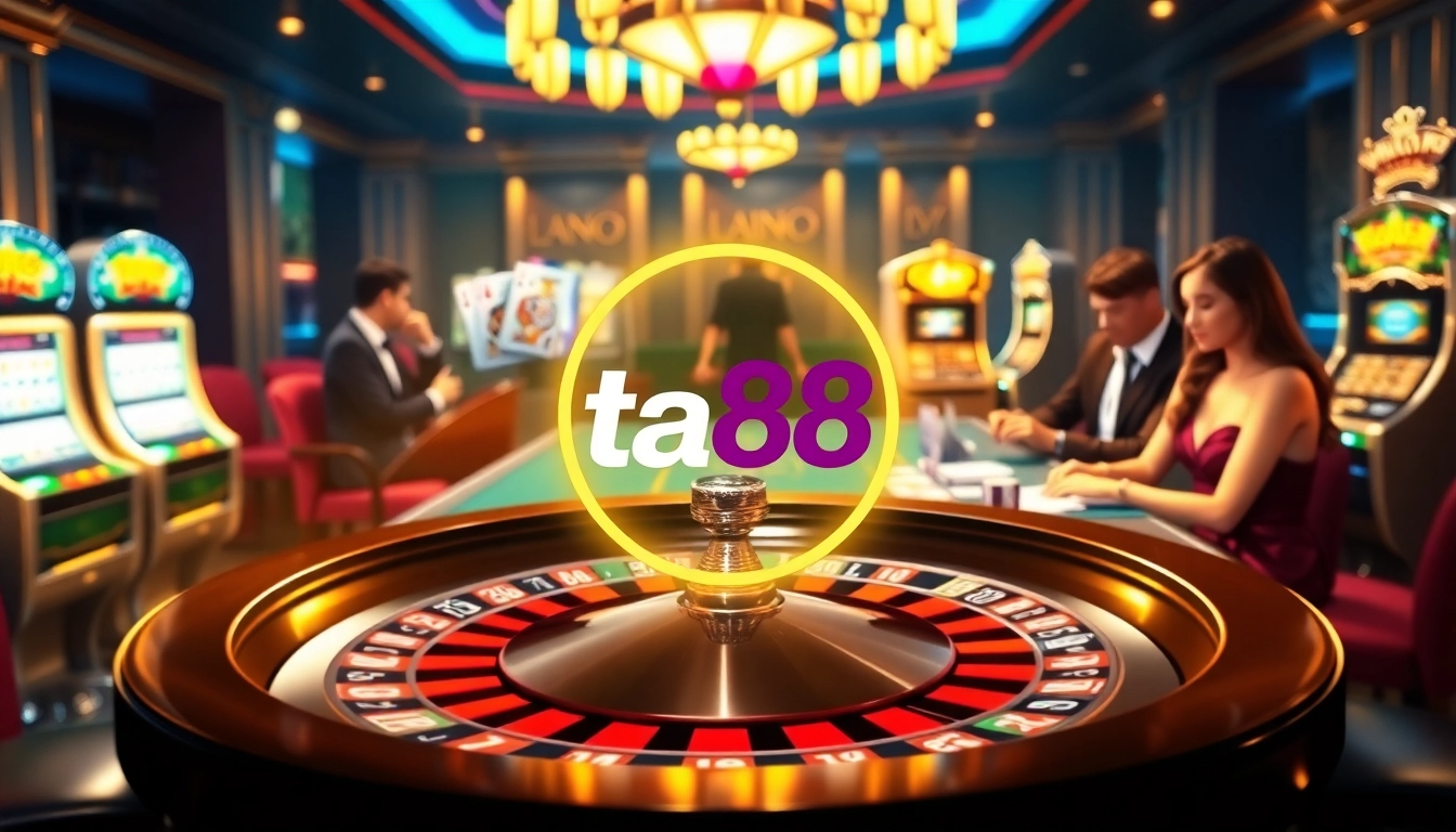 Experience a thrilling casino atmosphere with ta88 logo and active players at roulette and slot machines.