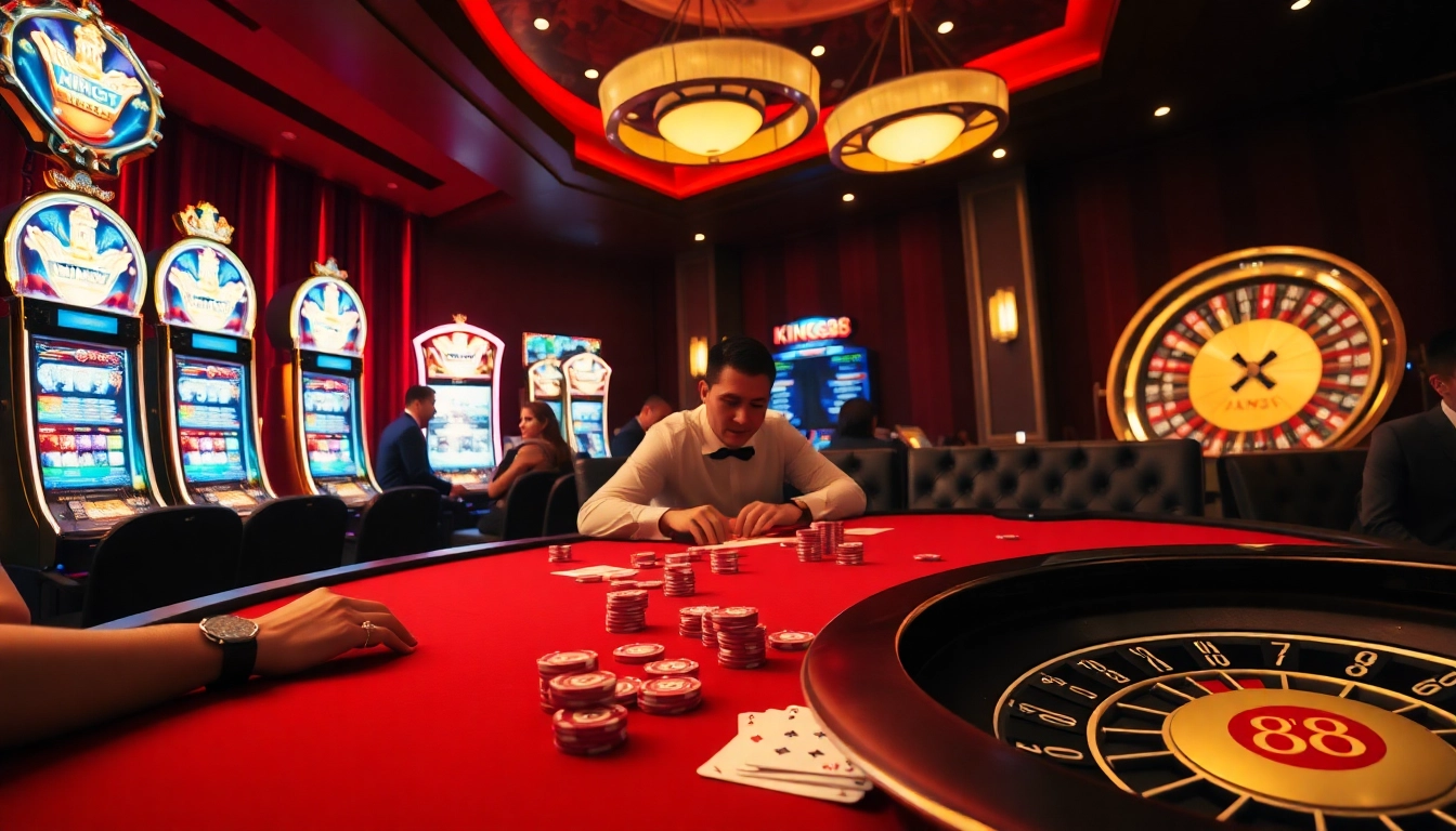 Exciting poker game scene at king88 casino with players and colorful chips.