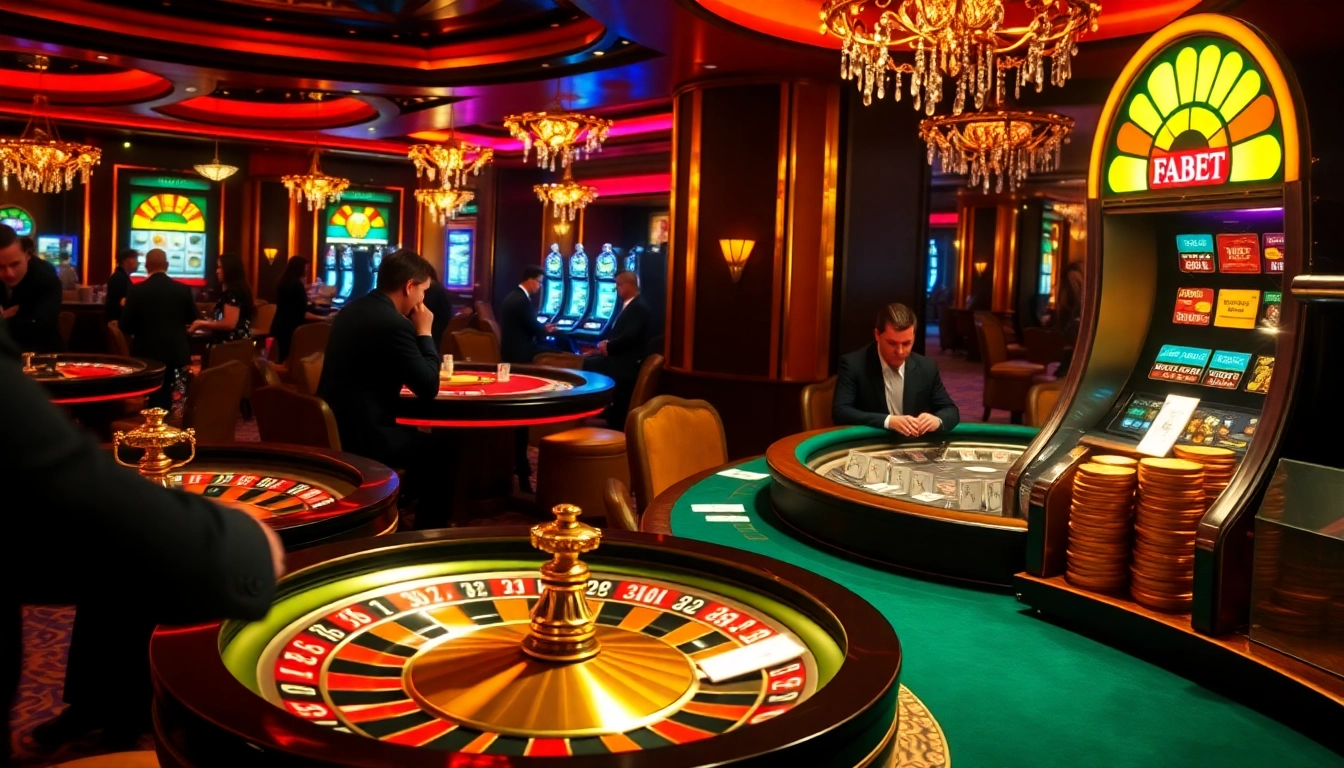 Excited gamblers enjoying the thrill of FABET's casino games at a luxury venue.